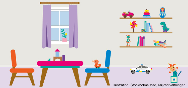 En illustration som visar ett lekrum med bord, stolar och leksaker.